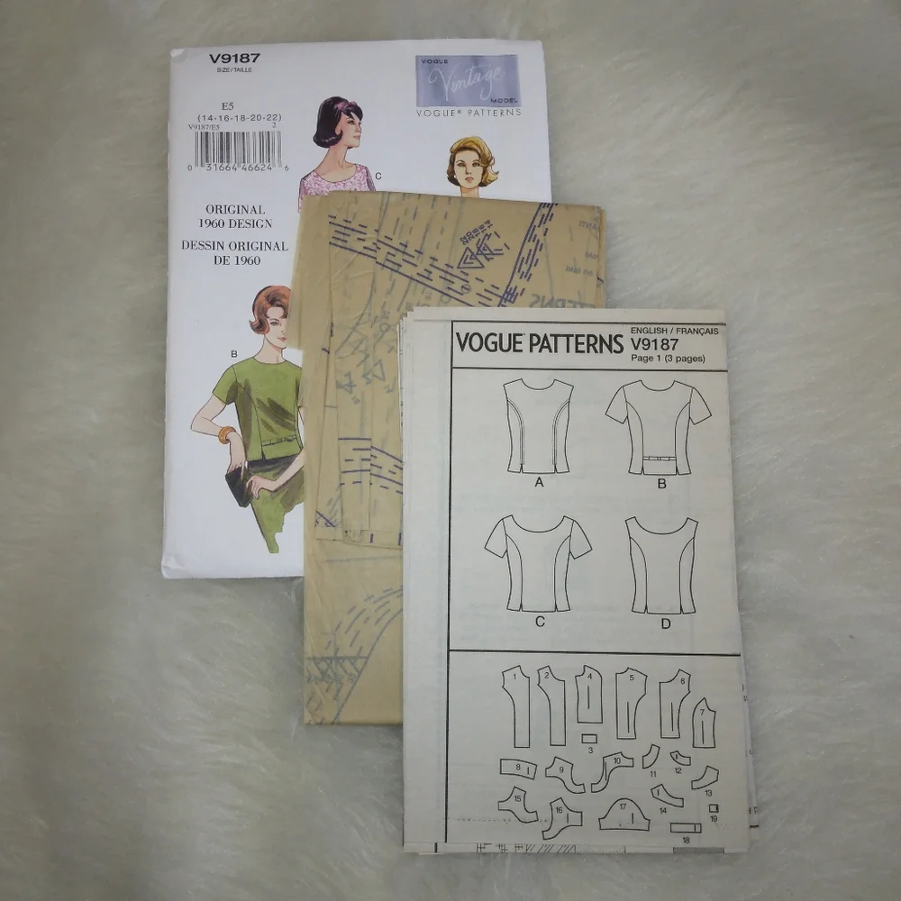 VOGUE V9187 sz 14-22 Vintage 60s Original Design Missds Tops Fitted Through Bust